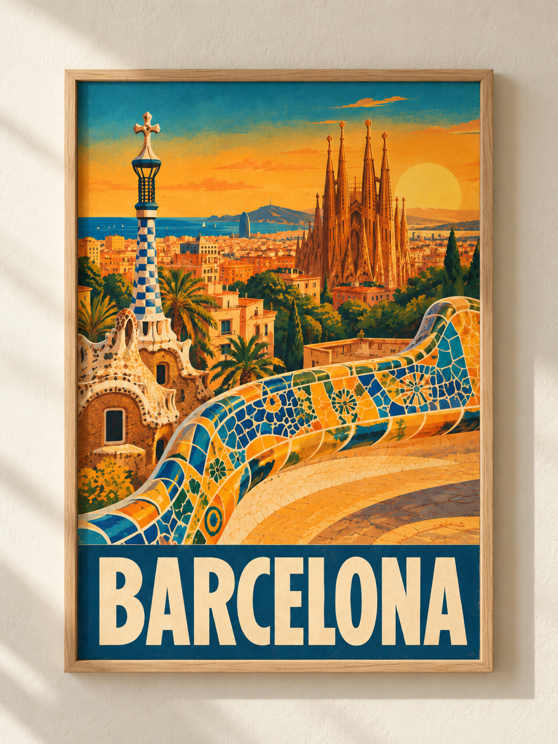 Plakat Barcelona w ramie dębowej na jasnej ścianie