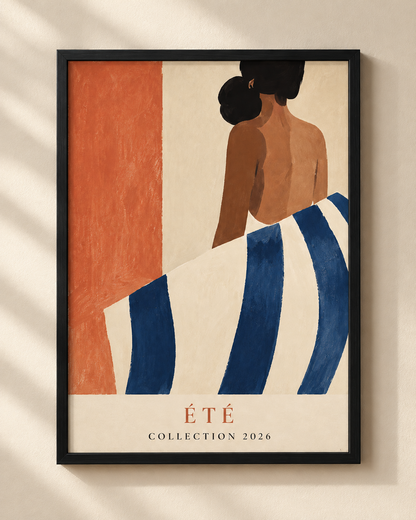 Été Collection 2026 framed Mediterranean-inspired lifestyle art poster in a black wooden frame