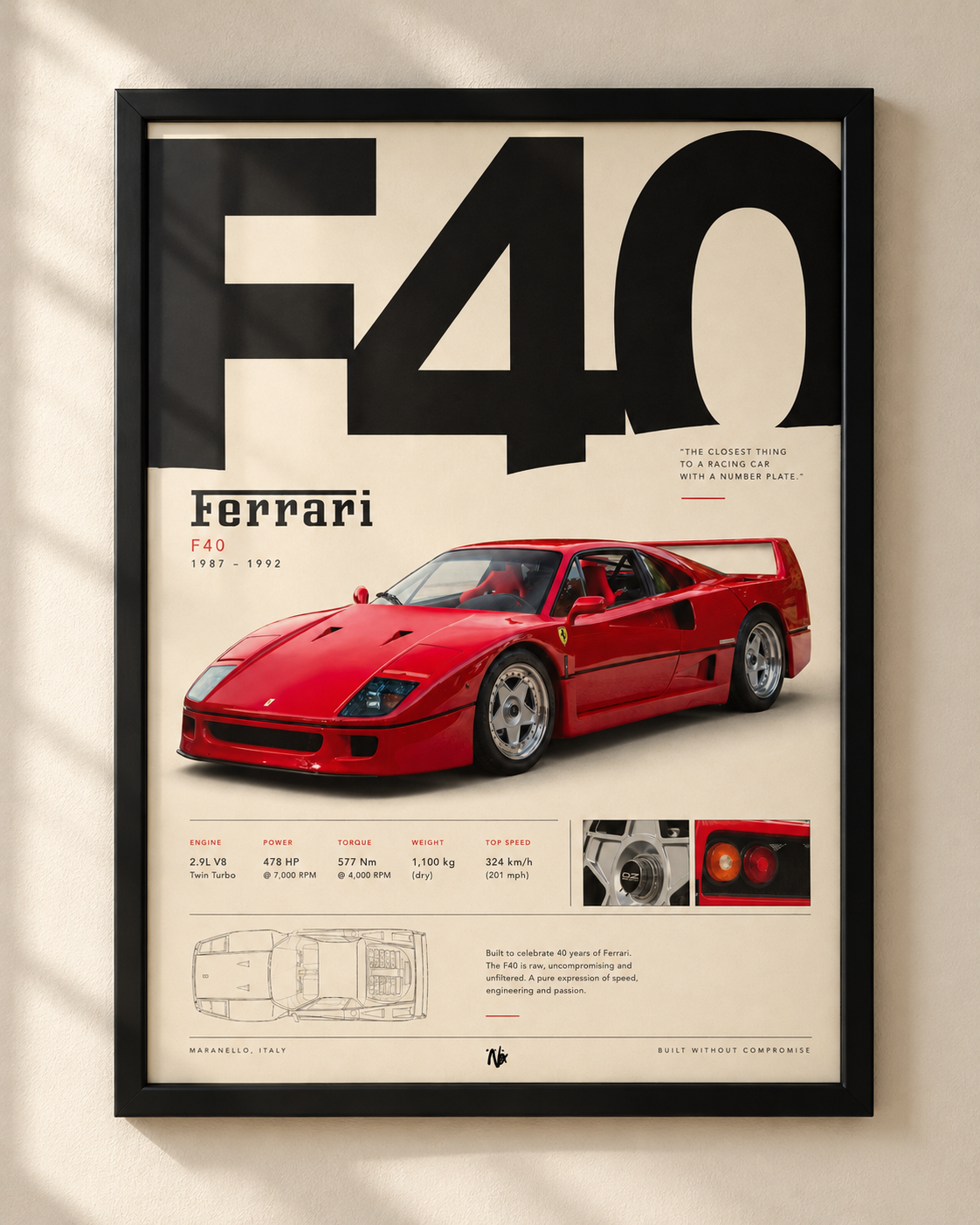 Ferrari F40 - plakat motoryzacyjny w ramie