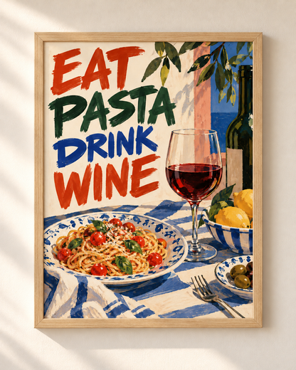 Eat Pasta Drink Wine - plakat kuchenny w ramie