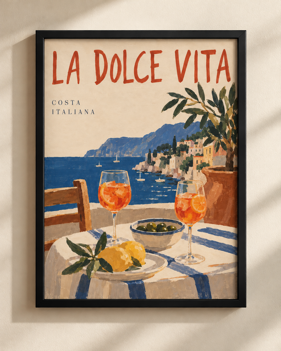 La Dolce Vita Costa Italiana poster in a black frame, Mediterranean coastal illustration