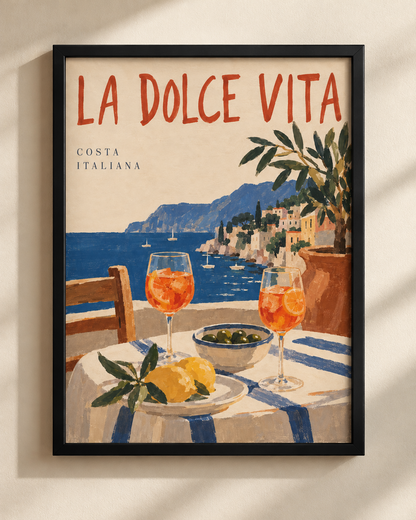 La Dolce Vita Costa Italiana poster in a black frame, Mediterranean coastal illustration