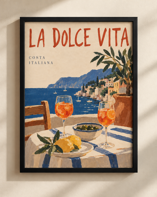 La Dolce Vita Costa Italiana poster in a black frame, Mediterranean coastal illustration