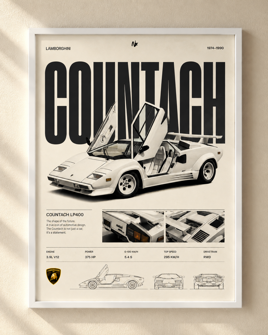 Lamborghini Countach - plakat motoryzacyjny w ramie