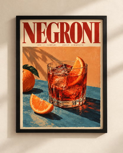 Plakat Negroni w czarnej ramie — koktajl z pomarańczą, grafika vintage