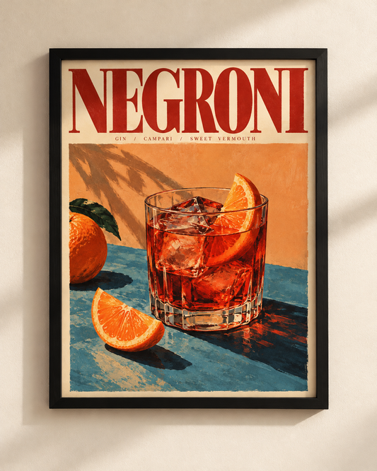 Plakat Negroni w czarnej ramie — koktajl z pomarańczą, grafika vintage