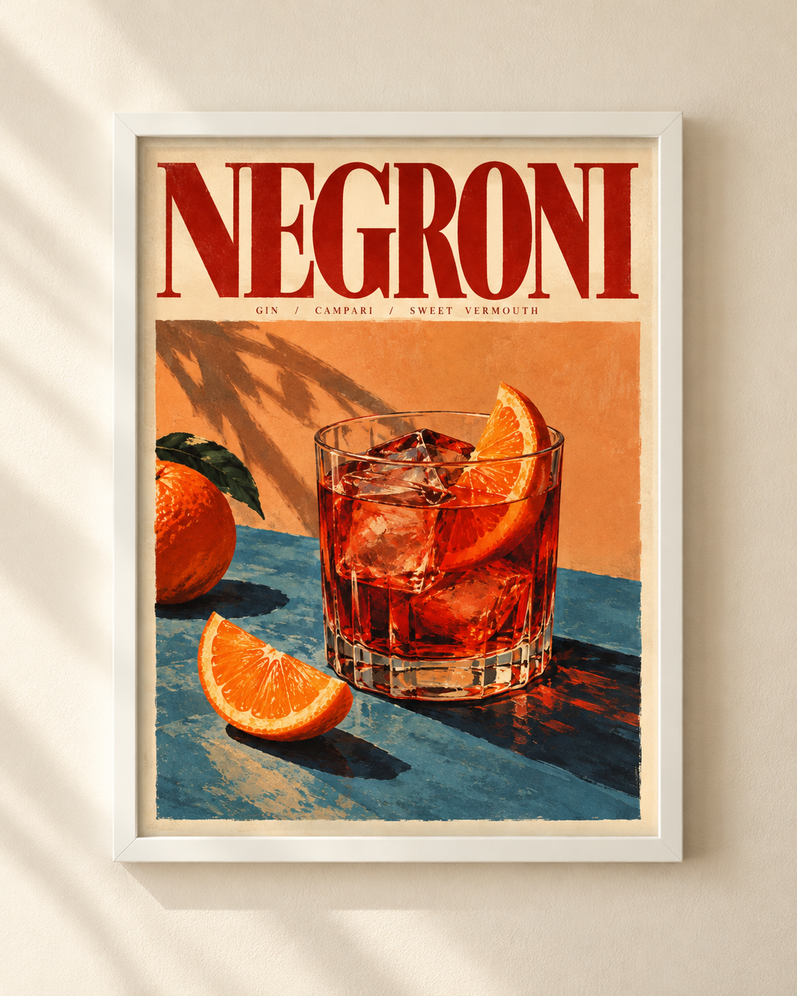 Plakat Negroni w białej ramie — koktajl z pomarańczą, grafika vintage