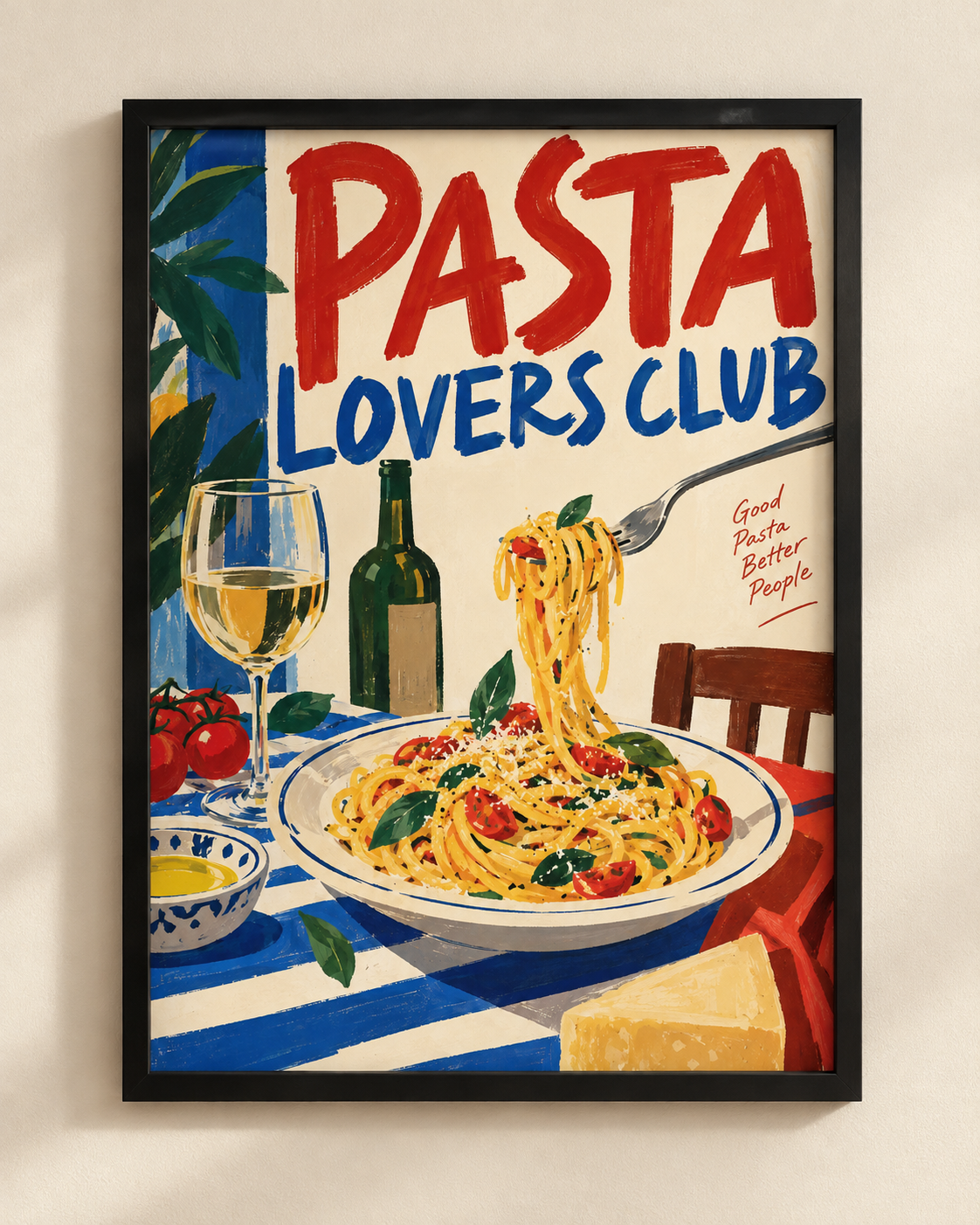 Pasta Lovers Club illustrated pasta poster in a black frame