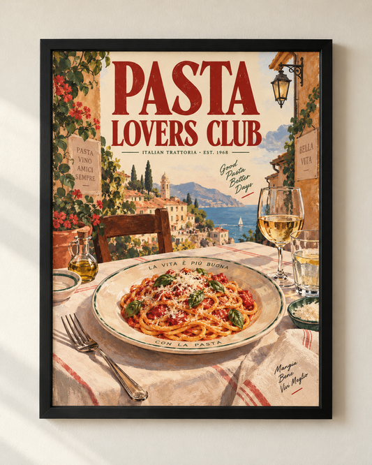 Pasta Lovers Club vintage Italian trattoria wall art poster in a black frame