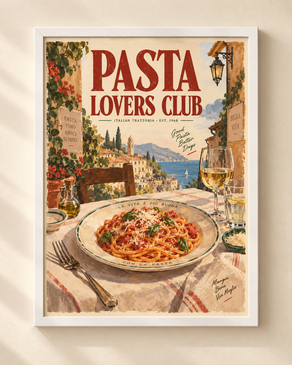 Pasta Lovers Club - Italian trattoria poster in a frame