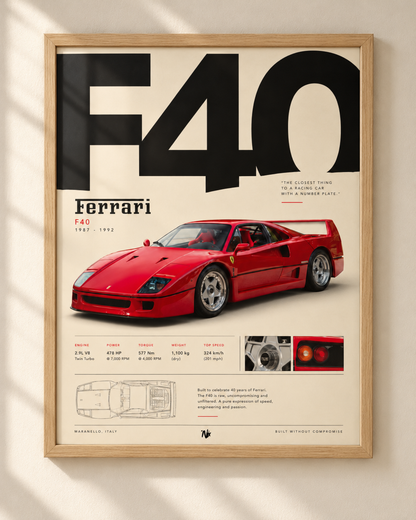 Ferrari F40 - plakat motoryzacyjny w ramie