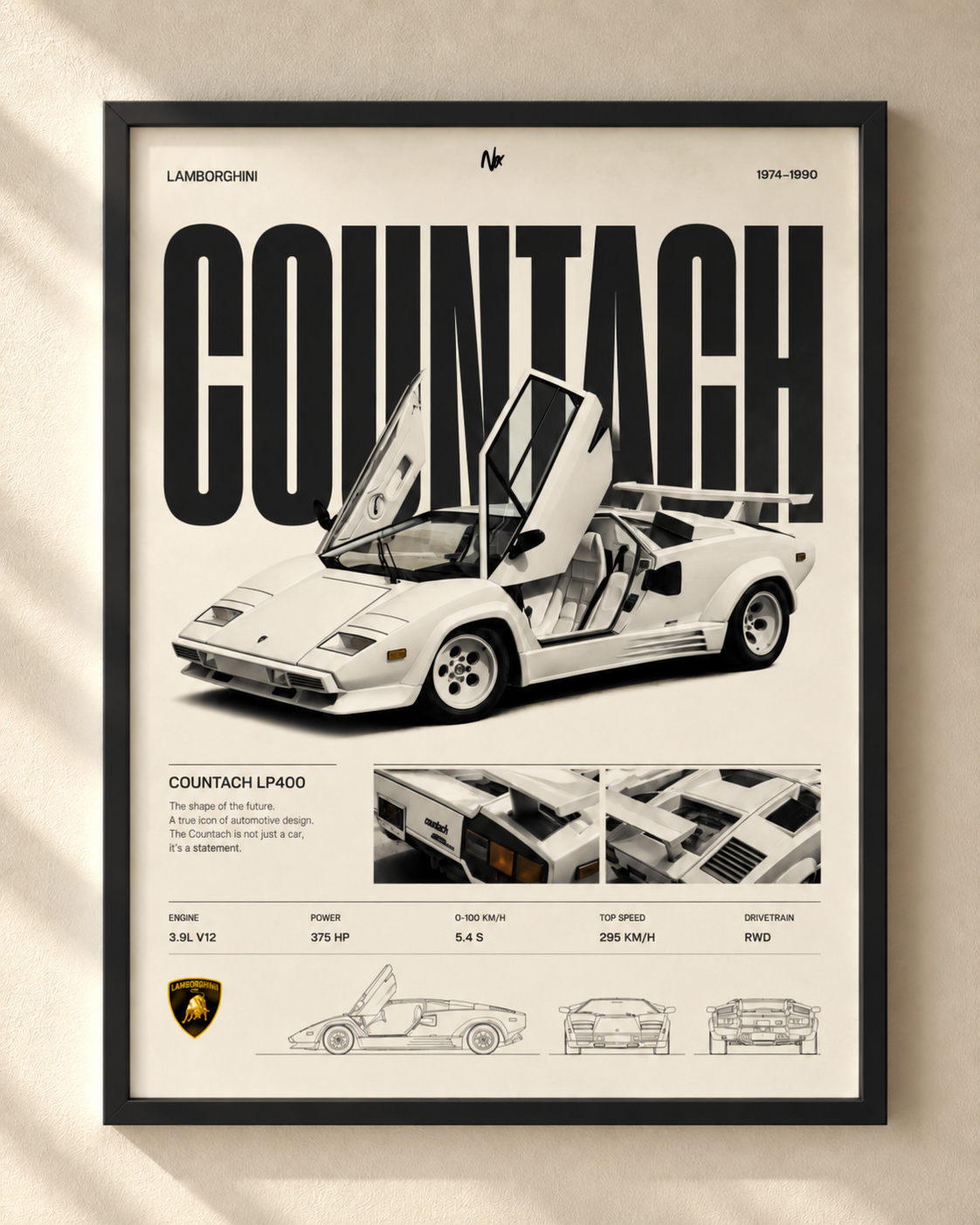 Lamborghini Countach - plakat motoryzacyjny w ramie