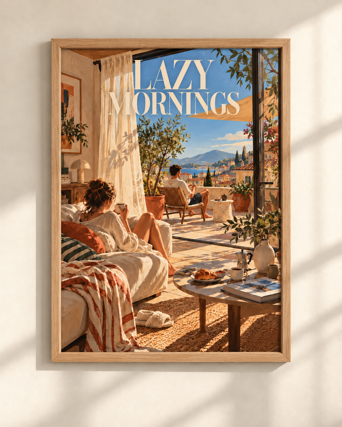 Lazy Mornings - Mediterranean poster in a frame