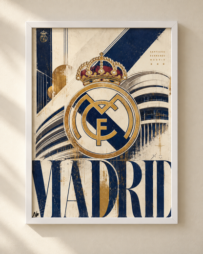 Plakat Real Madrid w białej ramie, granatowo-kremowa grafika z herbem i koroną