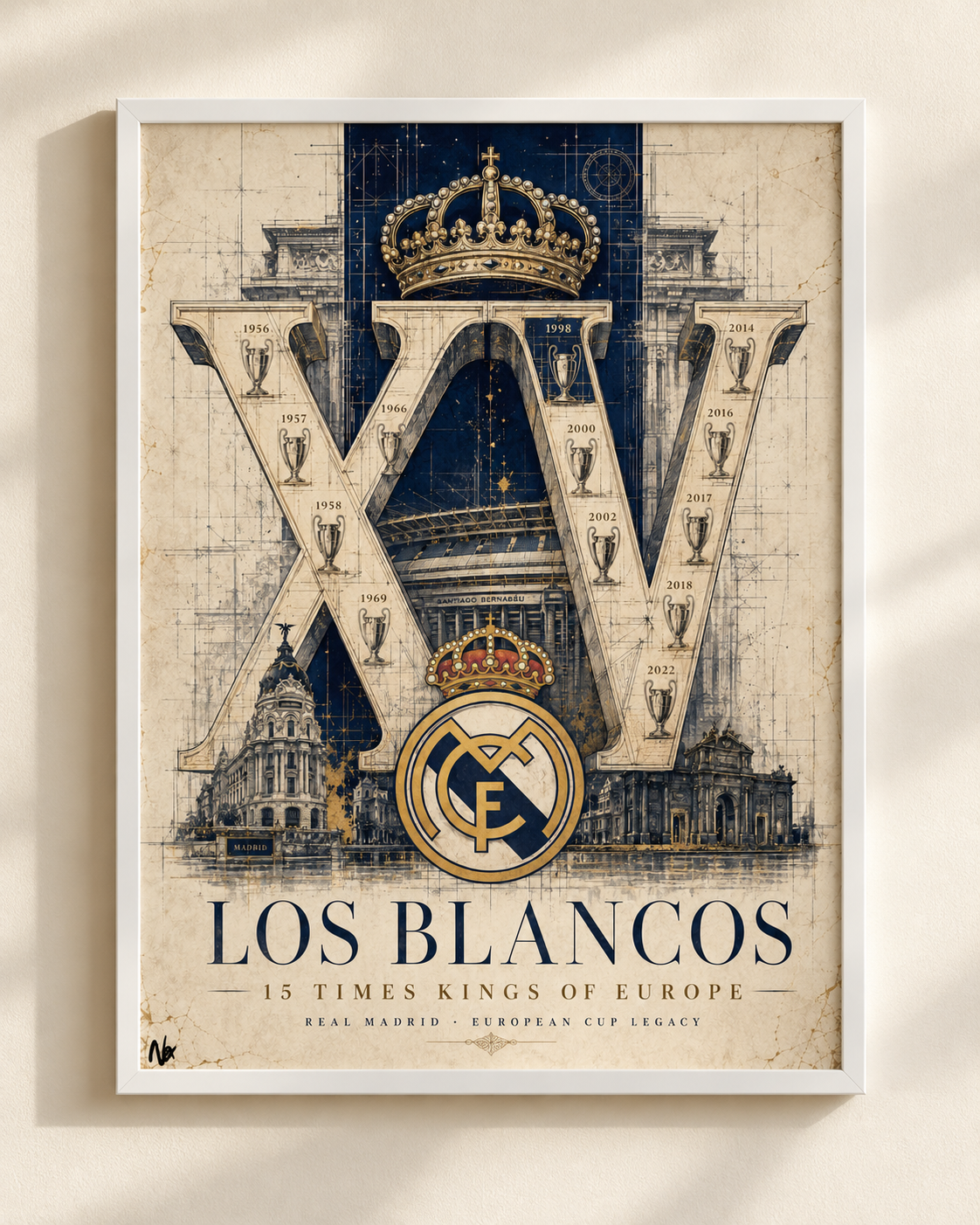 Plakat Real Madrid Los Blancos XV w białej ramie — NEX