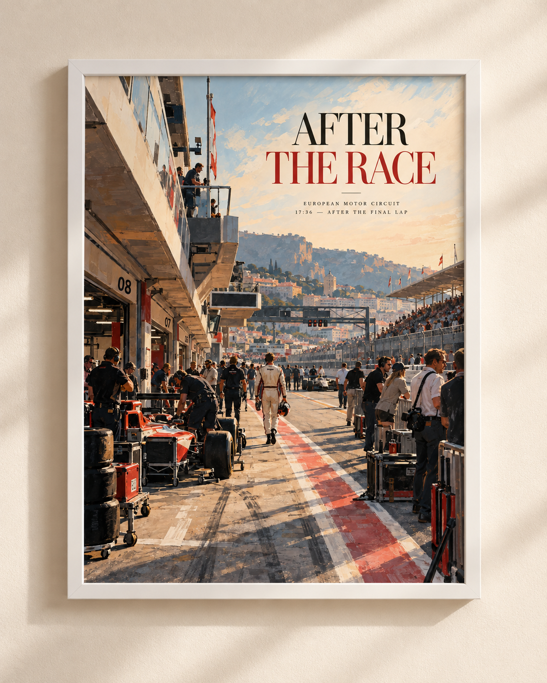 Plakat After the Race — grafika motoryzacyjna w białej ramie