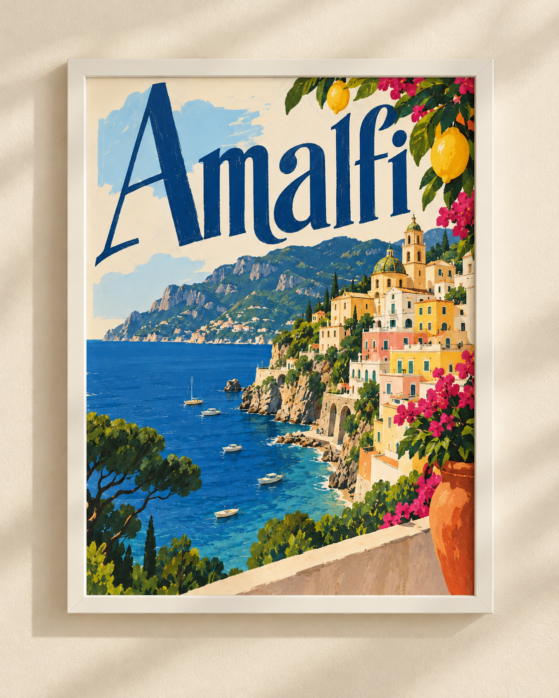 Plakat Amalfi w białej ramie — kolorowa ilustracja wybrzeża Amalfi z cytrynami i błękitnym morzem