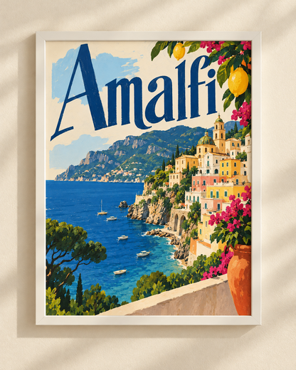 Plakat Amalfi w białej ramie — kolorowa ilustracja wybrzeża Amalfi z cytrynami i błękitnym morzem
