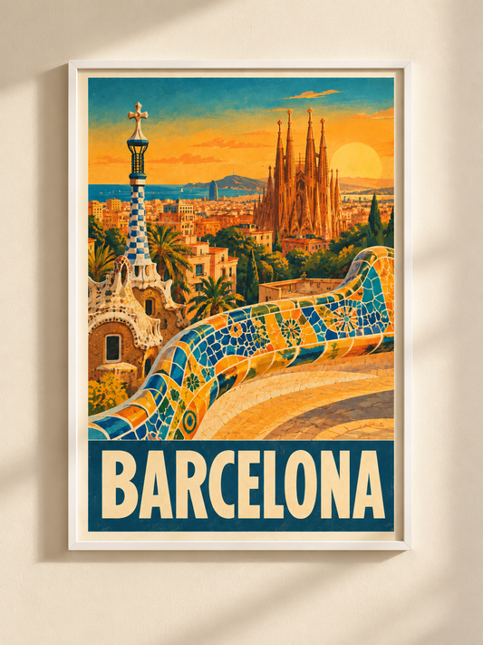 Plakat Barcelona w białej ramie na jasnej ścianie