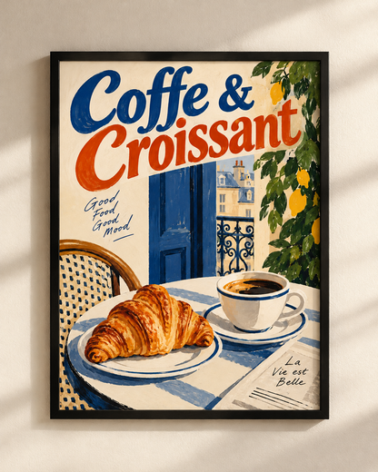 Coffee and croissant framed Mediterranean café wall art poster by NEX