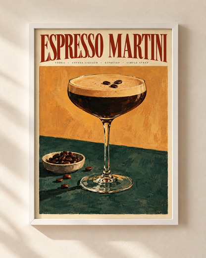 Plakat Espresso Martini w białej ramie na jasnej ścianie