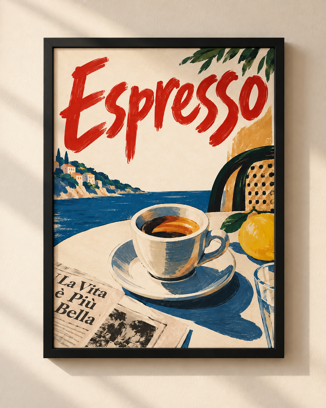 Plakat Espresso w czarnej ramie — ilustracja espresso na włoskim wybrzeżu