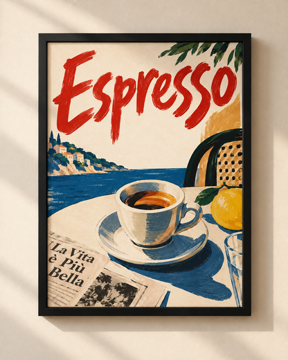 Plakat Espresso w czarnej ramie — ilustracja espresso na włoskim wybrzeżu