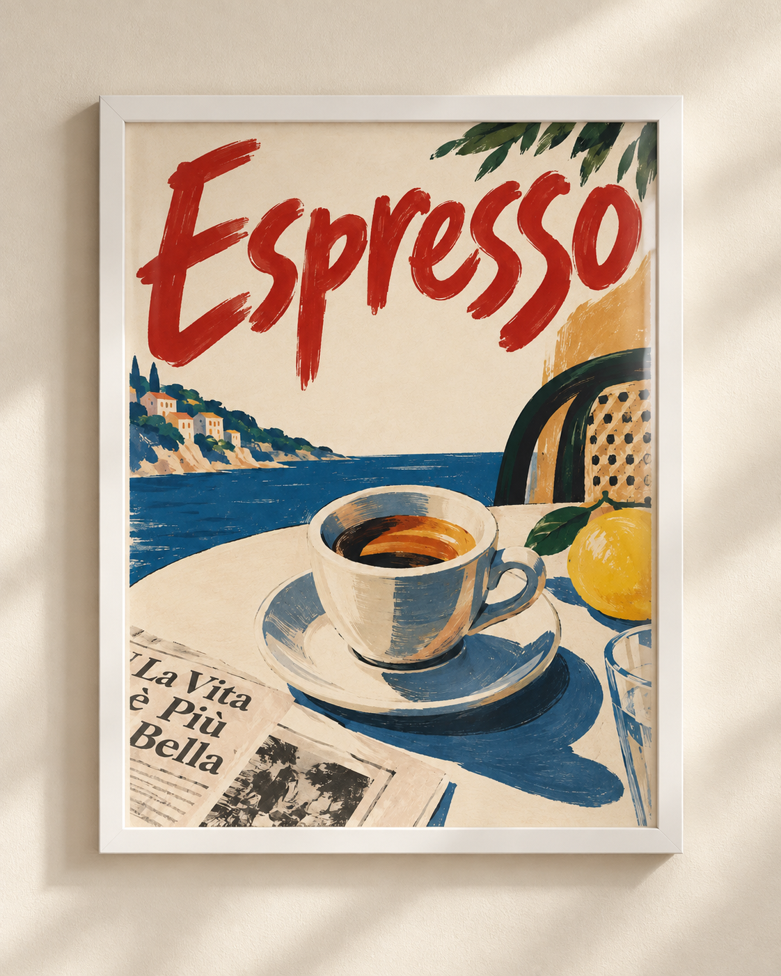Plakat Espresso w białej ramie — ilustracja espresso na włoskim wybrzeżu