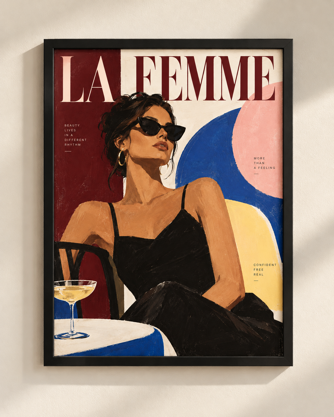 La Femme illustrated art poster in a black frame on a warm ivory wall