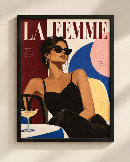 La Femme illustrated art poster in a black frame on a warm ivory wall