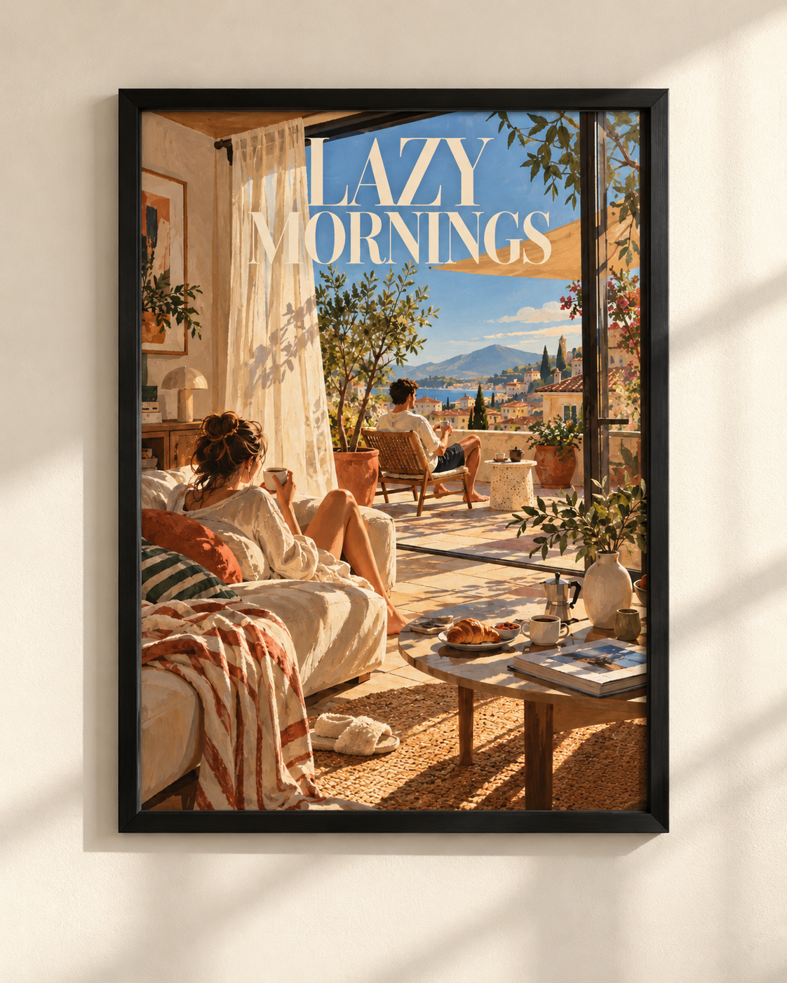 Plakat Lazy Mornings w czarnej ramie w ciepłym, śródziemnomorskim wnętrzu