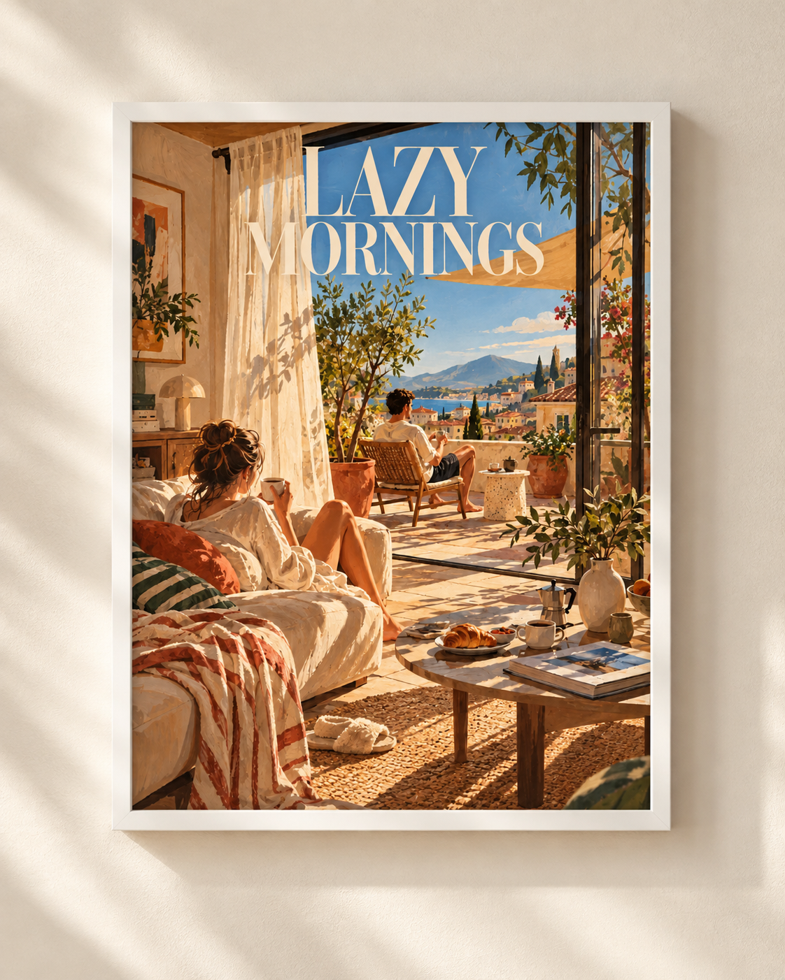 Plakat Lazy Mornings w białej ramie w ciepłym, śródziemnomorskim wnętrzu