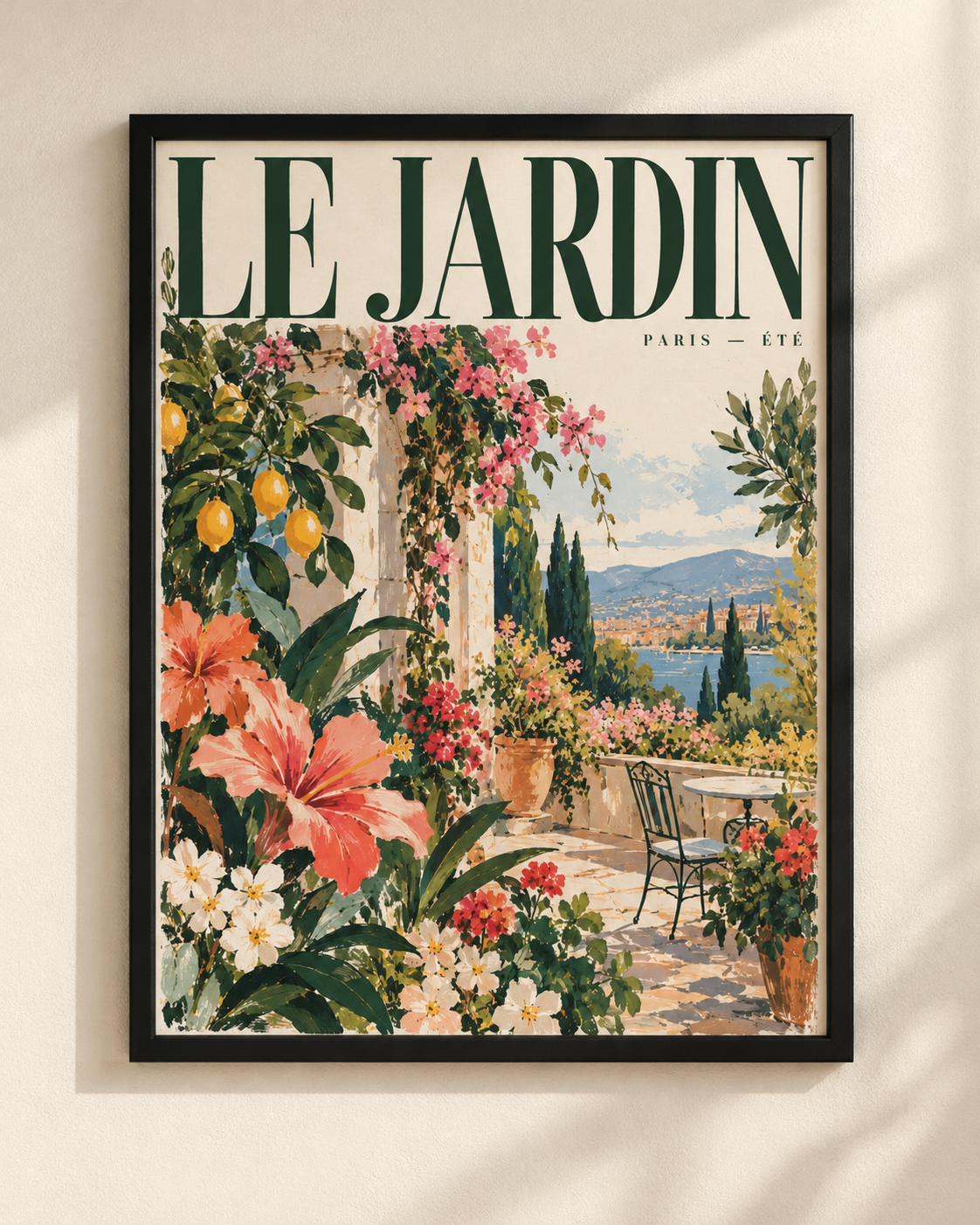 Le Jardin Mediterranean botanical poster in a black frame