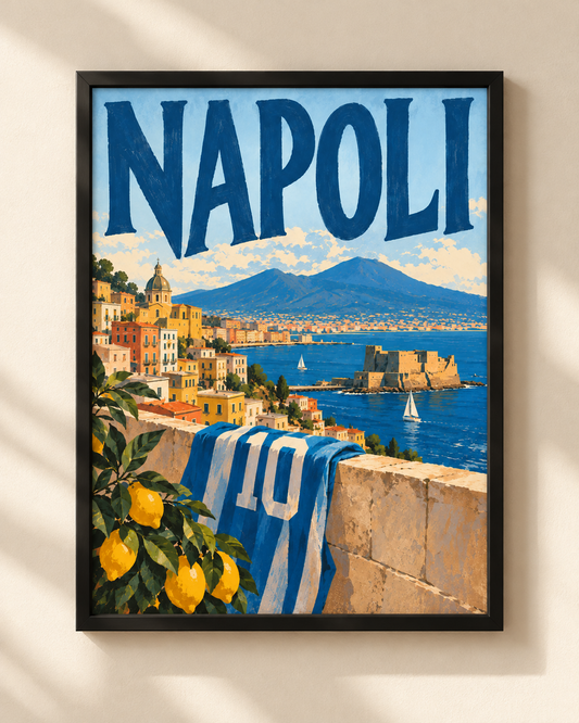 Plakat NEX Napoli w czarnej ramie – widok na Zatokę Neapolitańską i Wezuwiusza