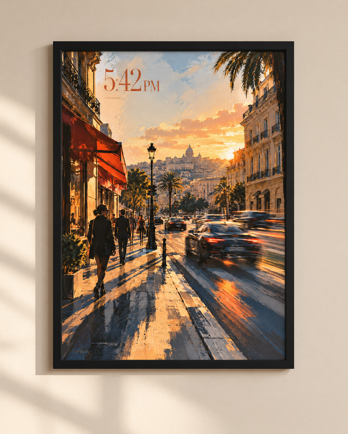 5:42 PM Mediterranean street at sunset in a black wooden frame, NEX Lifestyle poster