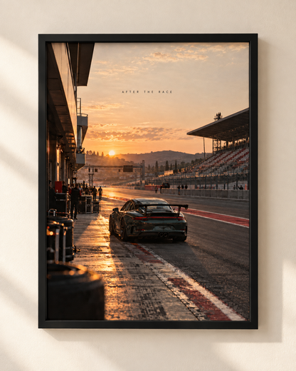 After The Race framed automotive poster by NEX, showing a sports car on a pit lane at sunset
