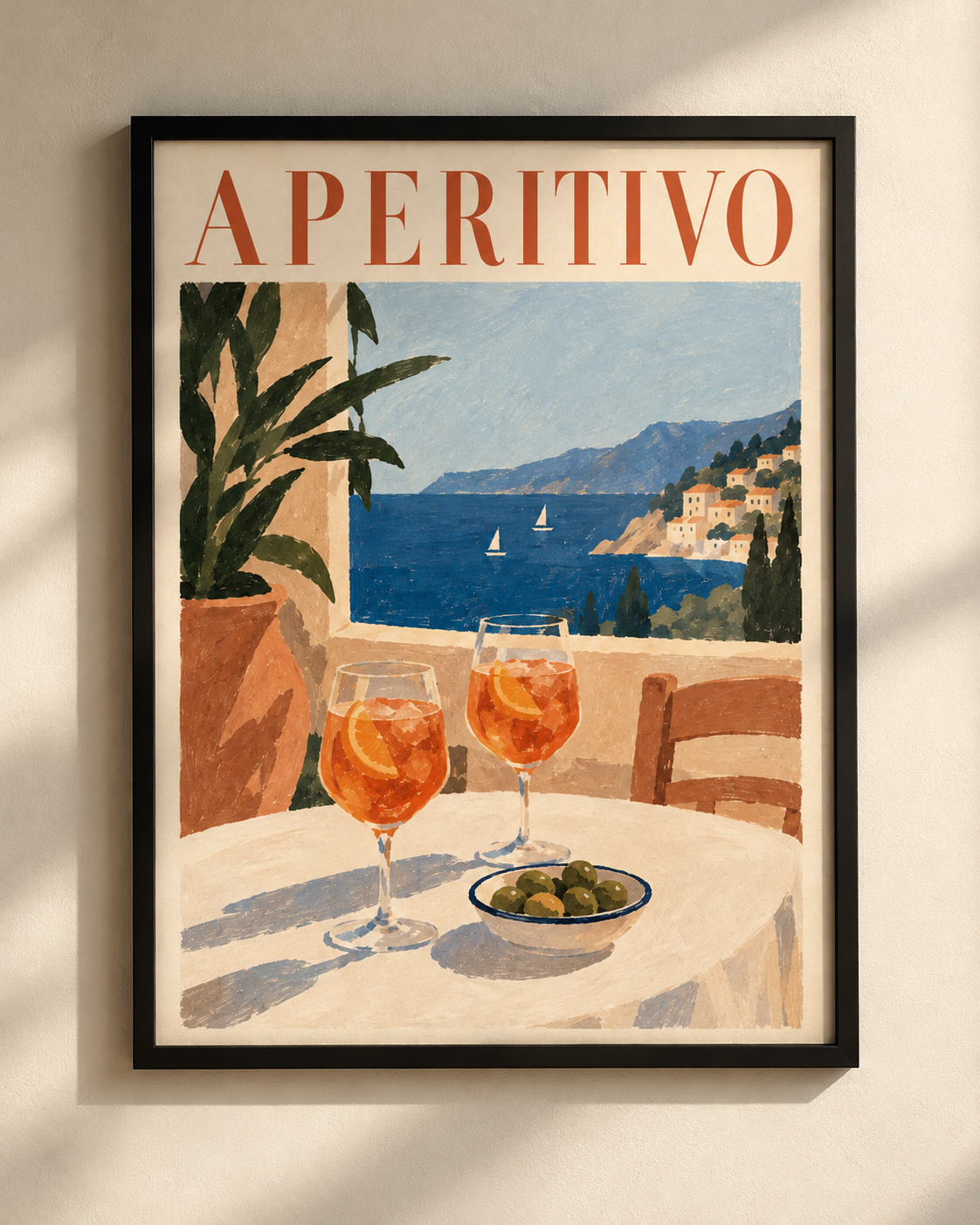 Aperitivo II Mediterranean framed poster by NEX, showing two orange aperitivo drinks on a terrace overlooking a coastal village