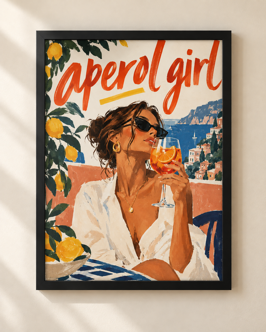 Aperol Girl Mediterranean lifestyle poster showing a woman with an orange aperitivo by the Italian coast in a black frame