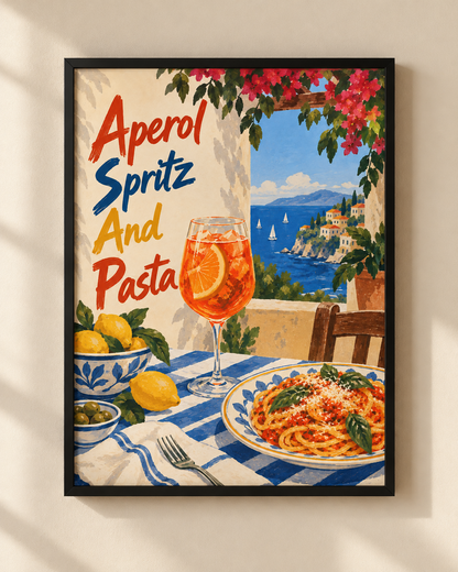 Aperol Spritz and Pasta Mediterranean framed poster by NEX with a coastal view, lemons, pasta and orange cocktail