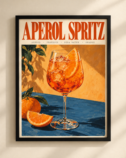 Aperol Spritz framed poster by NEX, featuring an orange cocktail, orange slices and Mediterranean-inspired painterly artwork in a black frame