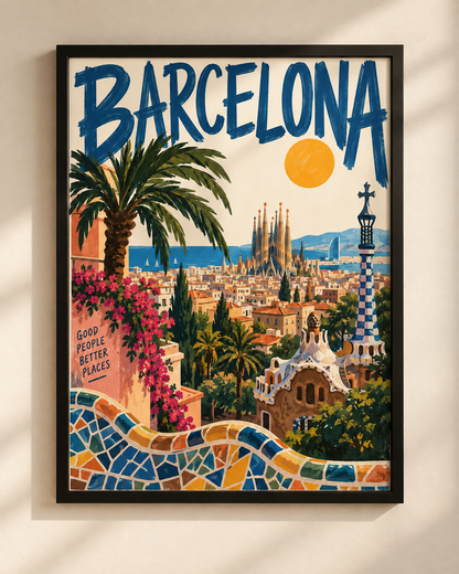 Barcelona travel poster in a black wooden frame featuring the Sagrada Família, Park Güell mosaic, palm trees and Mediterranean coastline