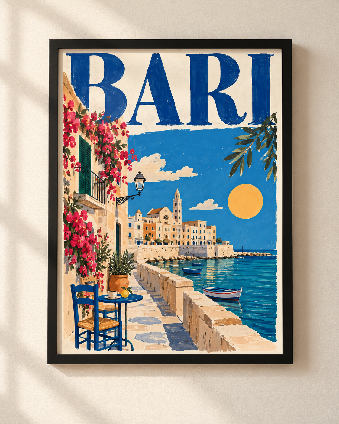 Bari Mediterranean travel poster in a black wooden frame by NEX