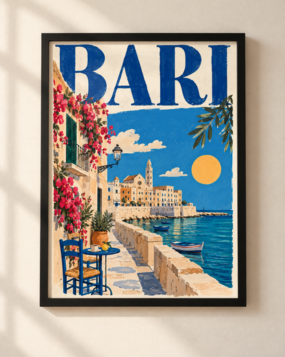 Bari Mediterranean travel poster in a black wooden frame by NEX