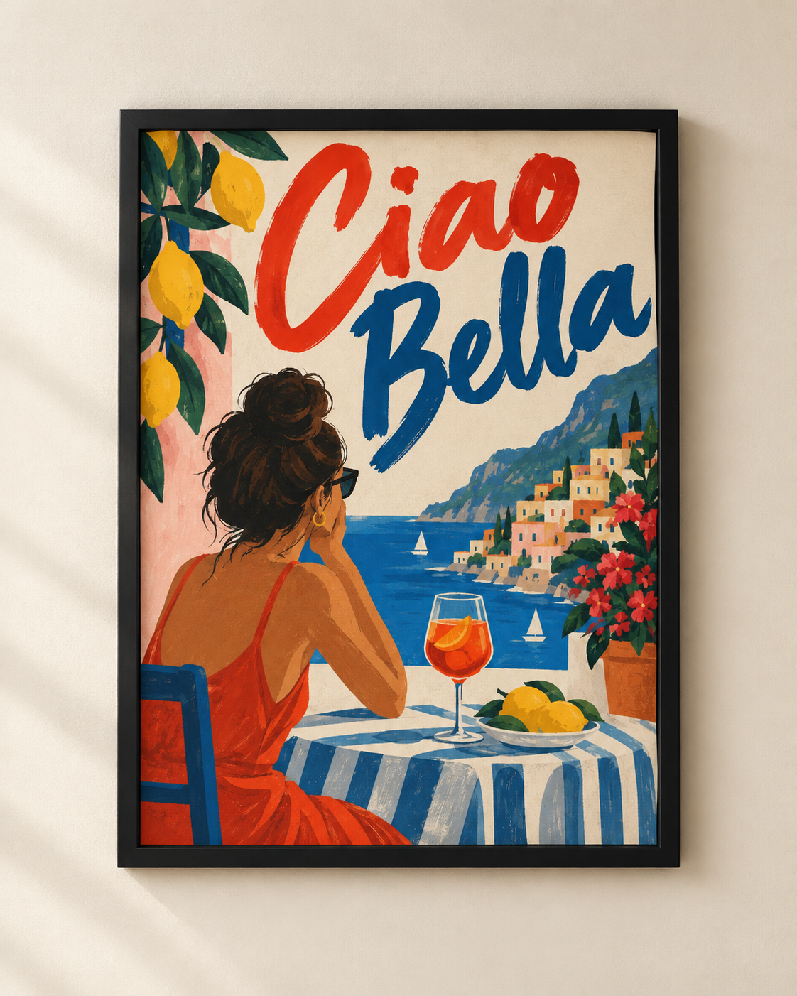 Ciao Bella Mediterranean framed poster by NEX featuring lemons, a coastal Italian village and aperitivo