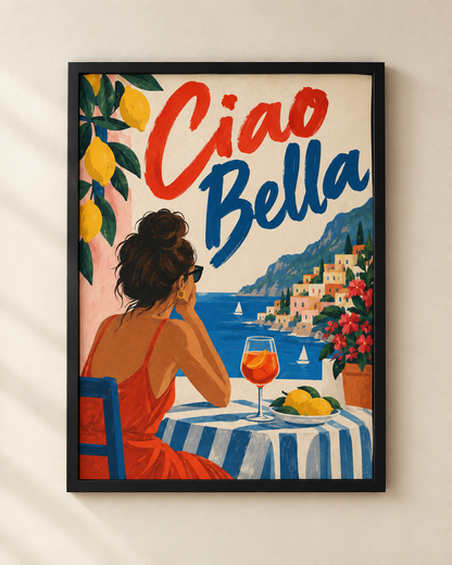 Ciao Bella Mediterranean framed poster by NEX featuring lemons, a coastal Italian village and aperitivo