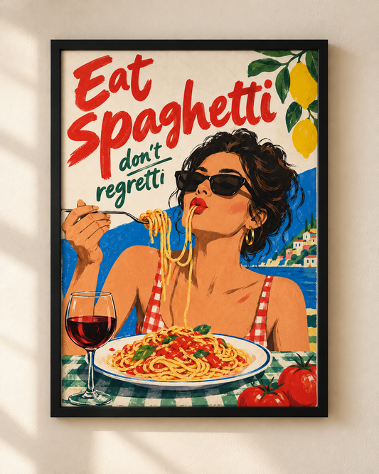 NEX Eat Spaghetti Don't Regretti poster in a black frame, illustrated Italian coastal summer scene