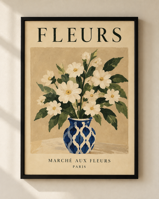 Plakat Fleurs z bukietem białych kwiatów w czarnej ramie