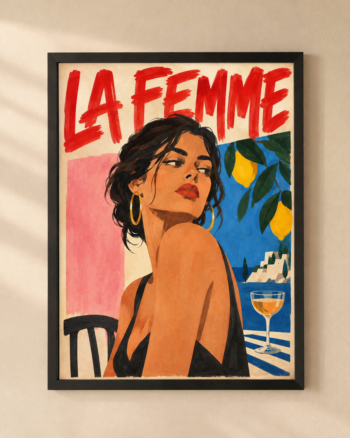 NEX La Femme illustrated Mediterranean lifestyle poster in black frame