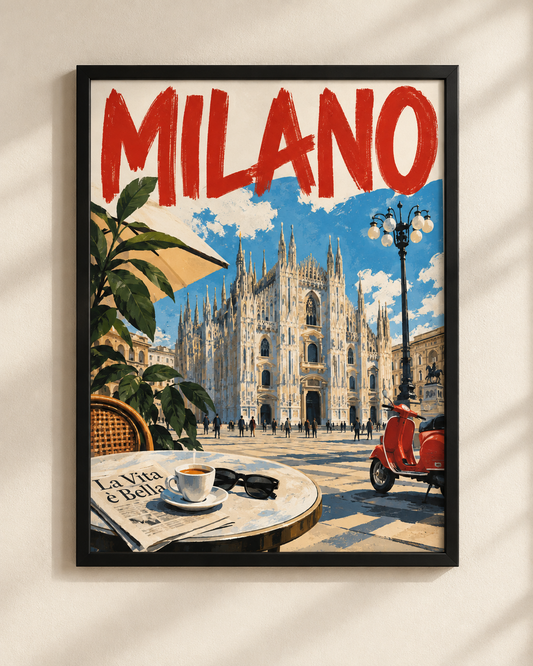 NEX Milano lifestyle poster in a black frame, featuring Milan Cathedral, a red scooter and café scene