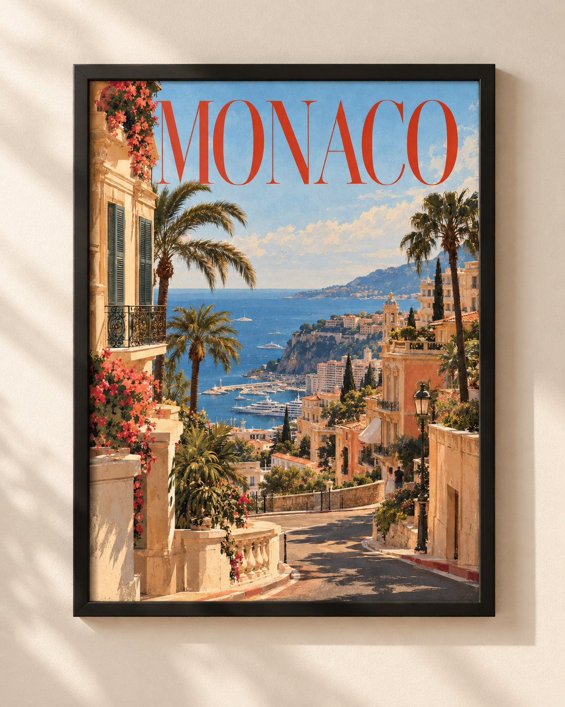 Plakat Monaco w czarnej ramie na jasnej ścianie — mockup produktu NEX